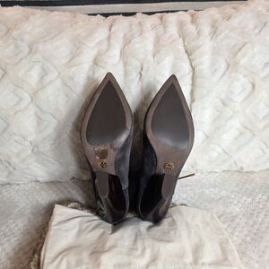 Tory Burch Lila 90 scrunch high-heel booties in suede with gold-tone accents 7.5